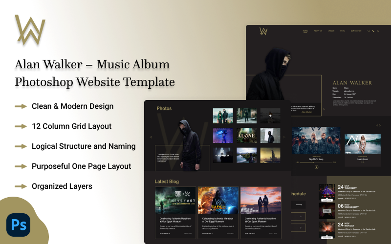 Alan Walker - Music Album Photoshop Website Template