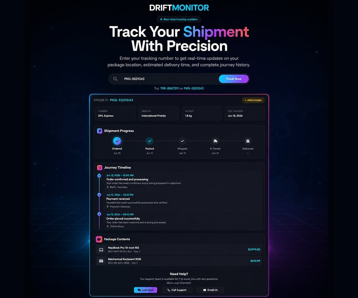 DRIFTMONITOR - Order Tracking Page - Delivery - logistics