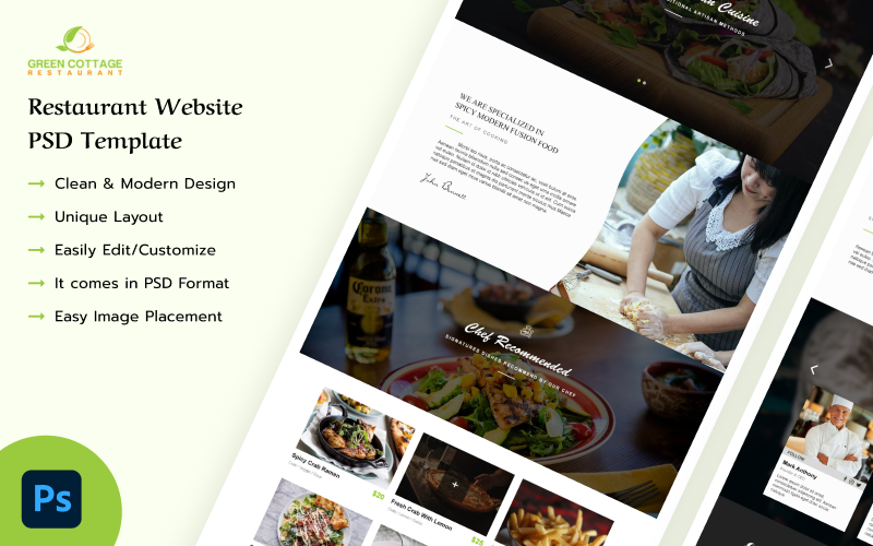 Green Cottage - Restaurant Website Psd Template