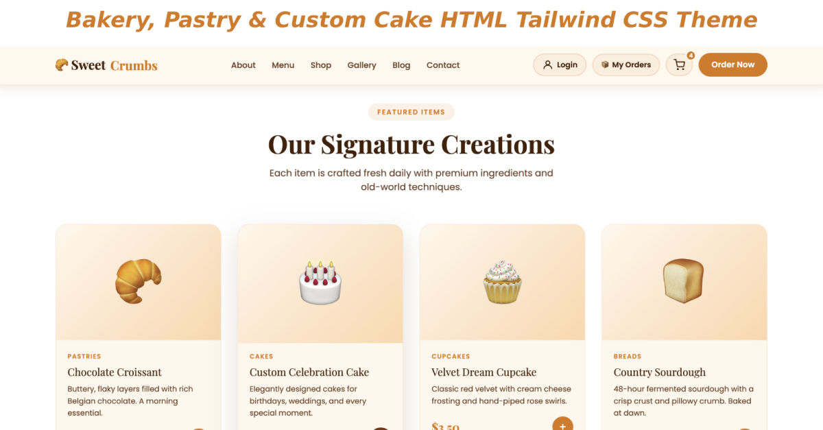 Bakery, Pastry & Custom Cake HTML Tailwind CSS Theme